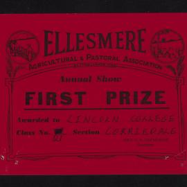 Ellesmere A&P Show Certificate, [1970s], First Prize, Lincoln College, Corriedale (Class 21)