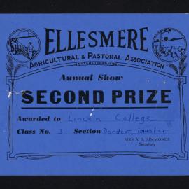 Ellesmere A&P Show Certificate, [1970s], Second Prize, Lincoln College, Border Leicester (Class 3)