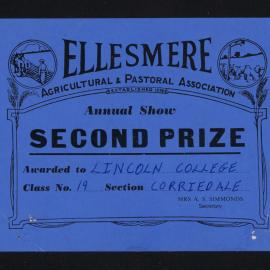 Ellesmere A&P Show Certificate, [1970s], Second Prize, Lincoln College, Corriedale (Class 19)