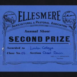 Ellesmere A&P Show Certificate, [1970s], Second Prize, Lincoln College, Dorset Down (Class 56)