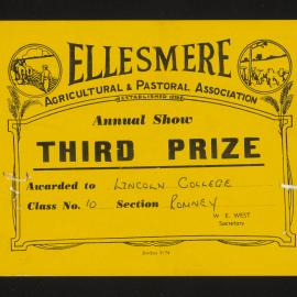 Ellesmere A&P Show Certificate, [1970s], Third Prize, Lincoln College, Romney (Class 10)
