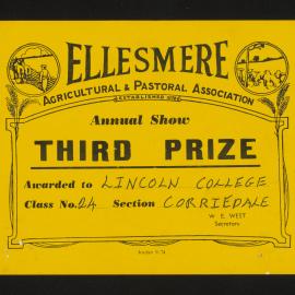 Ellesmere A&P Show Certificate, [1970s], Third Prize, Lincoln College, Corriedale (Class 24)
