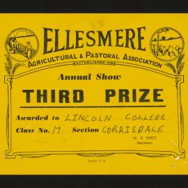 Ellesmere A&P Show Certificate, [1970s], Third Prize, Lincoln College, Corriedale (Class 17)