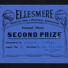 Ellesmere A&P Show Certificate, [1970s], Second Prize, Lincoln College, Border Leicester (Class 6)