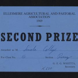Ellesmere A&P Show Certificate, 1969, Second Prize, Lincoln College, Romney (Class 16)