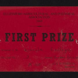 Ellesmere A&P Show Certificate, 1969, First Prize, Lincoln College, Border Leicester (Class 3)