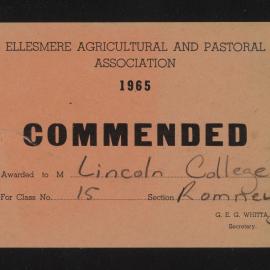 Ellesmere A&P Show Certificate, 1965, Commended, Lincoln College, Romney (Class 15)
