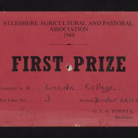 Ellesmere A&P Show Certificate, 1968, First Prize, Lincoln College, Border Leicester (Class 3)
