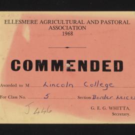 Ellesmere A&P Show Certificate, 1968, Commended, Lincoln College, Border Leicester (Class 5)