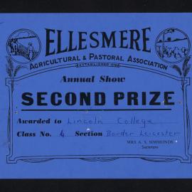 Ellesmere A&P Show Certificate, [1970s], Second Prize, Lincoln College, Border Leicester (Class 4)