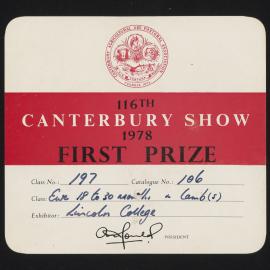 Canterbury A&P Show Certificate, 1978, First Prize, Lincoln College, Ewe (Class 197)