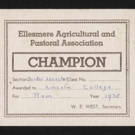 Ellesmere A&P Show Certificate, 1978, Champion, Lincoln College, Border Leicester Ram
