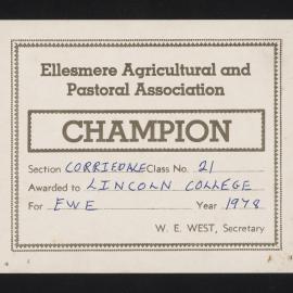 Ellesmere A&P Show Certificate, 1978, Champion, Lincoln College, Corriedale Ewe