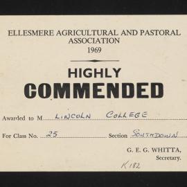 Ellesmere A&P Show Certificate, 1969, Highly Commended, Lincoln College, Southdown (Class 25)