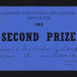 Ellesmere A&P Show Certificate, 1965, Second Prize, Lincoln College, Romney (Class 18)