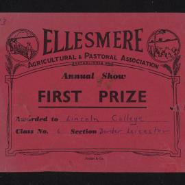 Ellesmere A&P Show Certificate, [1970s], First Prize, Lincoln College, Border Leicester (Class 6)