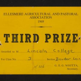 Ellesmere A&P Show Certificate, 1969, Third Prize, Lincoln College, Border Leicester (Class 3)