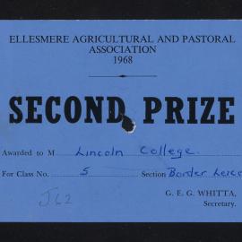 Ellesmere A&P Show Certificate, 1968, Second Prize, Lincoln College, Border Leicester (Class 5)