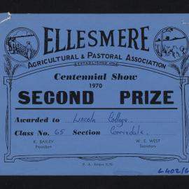 Ellesmere A&P Show Certificate, 1970, Second Prize, Lincoln College, Corriedale (Class 65)