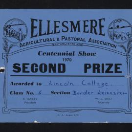 Ellesmere A&P Show Certificate, 1970, Second Prize, Lincoln College, Border Leicester (Class 6)