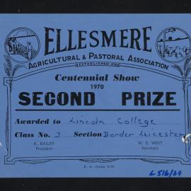 Ellesmere A&P Show Certificate, 1970, Second Prize, Lincoln College, Border Leicester (Class 3)