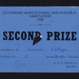 Ellesmere A&P Show Certificate, 1968, Second Prize, Lincoln College, Border Leicester (Class 3)