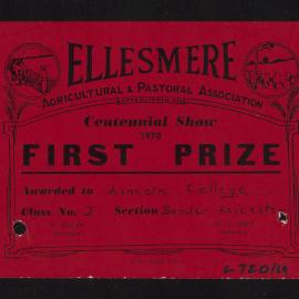 Ellesmere A&P Show Certificate, 1970, First Prize, Lincoln College, Border Leicester (Class 3)