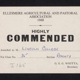 Ellesmere A&P Show Certificate, 1968, Highly Commended, Lincoln College, Romney (Class 53)