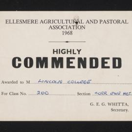 Ellesmere A&P Show Certificate, 1968, Highly Commended, Lincoln College, Corriedale Ewe Hoggett (Class 200)