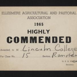 Ellesmere A&P Show Certificate, 1965, Highly Commended, Lincoln College, Romney (Class 15)