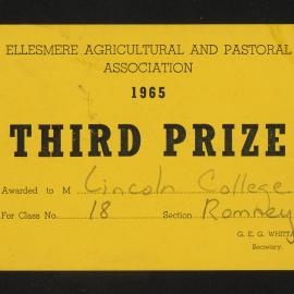 Ellesmere A&P Show Certificate, 1965, Third Prize, Lincoln College, Romney (Class 18)