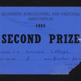 Ellesmere A&P Show Certificate, 1965, Second Prize, Lincoln College, Border Leicester (Class 5)