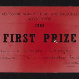 Ellesmere A&P Show Certificate, 1965, First Prize, Lincoln College, Border Leicester (Class 5)