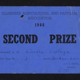 Ellesmere A&P Show Certificate, 1966, Second Prize, Lincoln College, Border Leicester (Class 3)