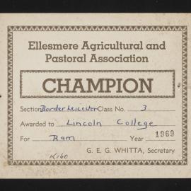 Ellesmere A&P Show Certificate, 1969, Champion, Lincoln College, Border Leicester Ram (Class 3)