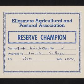 Ellesmere A&P Show Certificate, 1980, Reserve Champion, Lincoln College, Border Leicester Ram (Class 3)