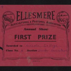 Ellesmere A&P Show Certificate, [1970s], First Prize, Lincoln College, Border Leicester Ram (Class 4)