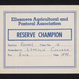 Ellesmere A&P Show Certificate, 1979, Reserve Champion, Lincoln College, Romney Ewe (Class 12)