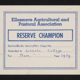 Ellesmere A&P Show Certificate, 1979, Reserve Champion, Lincoln College, Border Leicester Ram 
