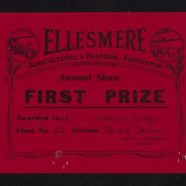 Ellesmere A&P Show Certificate, [1970s], First Prize, Lincoln College, Dorset Down (Class 56)