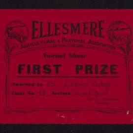 Ellesmere A&P Show Certificate, [1970s], First Prize, Lincoln College, Dorset Down (Class 54)