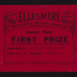 Ellesmere A&P Show Certificate, [1970s], First Prize, Lincoln College, Romney (Class 12)