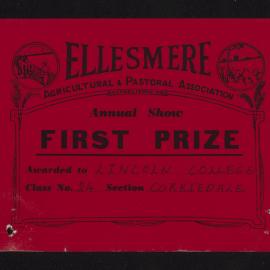Ellesmere A&P Show Certificate, [1970s], First Prize, Lincoln College, Corriedale (Class 24)