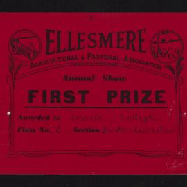 Ellesmere A&P Show Certificate, [1970s], First Prize, Lincoln College, Border Leicester (Class 6)