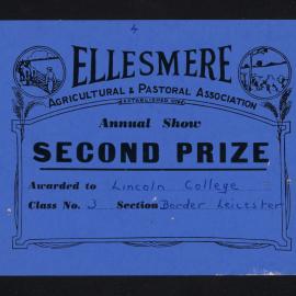 Ellesmere A&P Show Certificate, [1970s], Second Prize, Lincoln College, Border Leicester (Class 3)