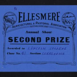 Ellesmere A&P Show Certificate, [1970s], Second Prize, Lincoln College, Corriedale (Class 21)