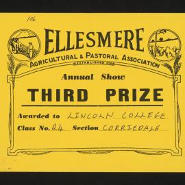 Ellesmere A&P Show Certificate, [1970s], Third Prize, Lincoln College, Corriedale (Class 24)