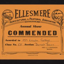 Ellesmere A&P Show Certificate, [1970s], Commended, Lincoln College, Dorset Down (Class 58)