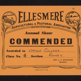 Ellesmere A&P Show Certificate, [1970s], Commended, Lincoln College, Romney (Class 16)