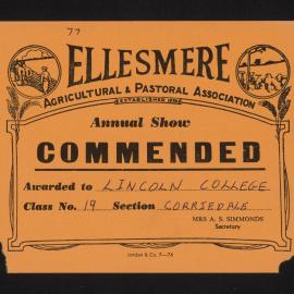 Ellesmere A&P Show Certificate, [1970s], Commended, Lincoln College, Corriedale (Class 19)